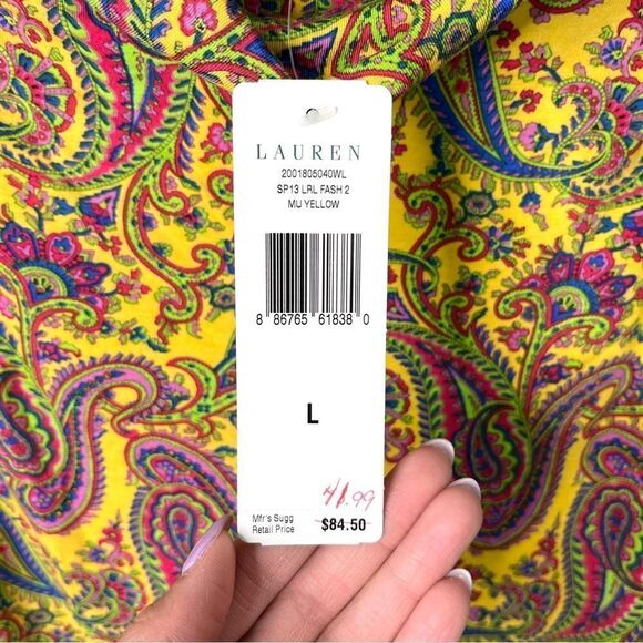 Lauren Ralph Lauren Top Women’s Large Yellow/Pink Paisley Print Short Sleeve NWT - Picture 4 of 5